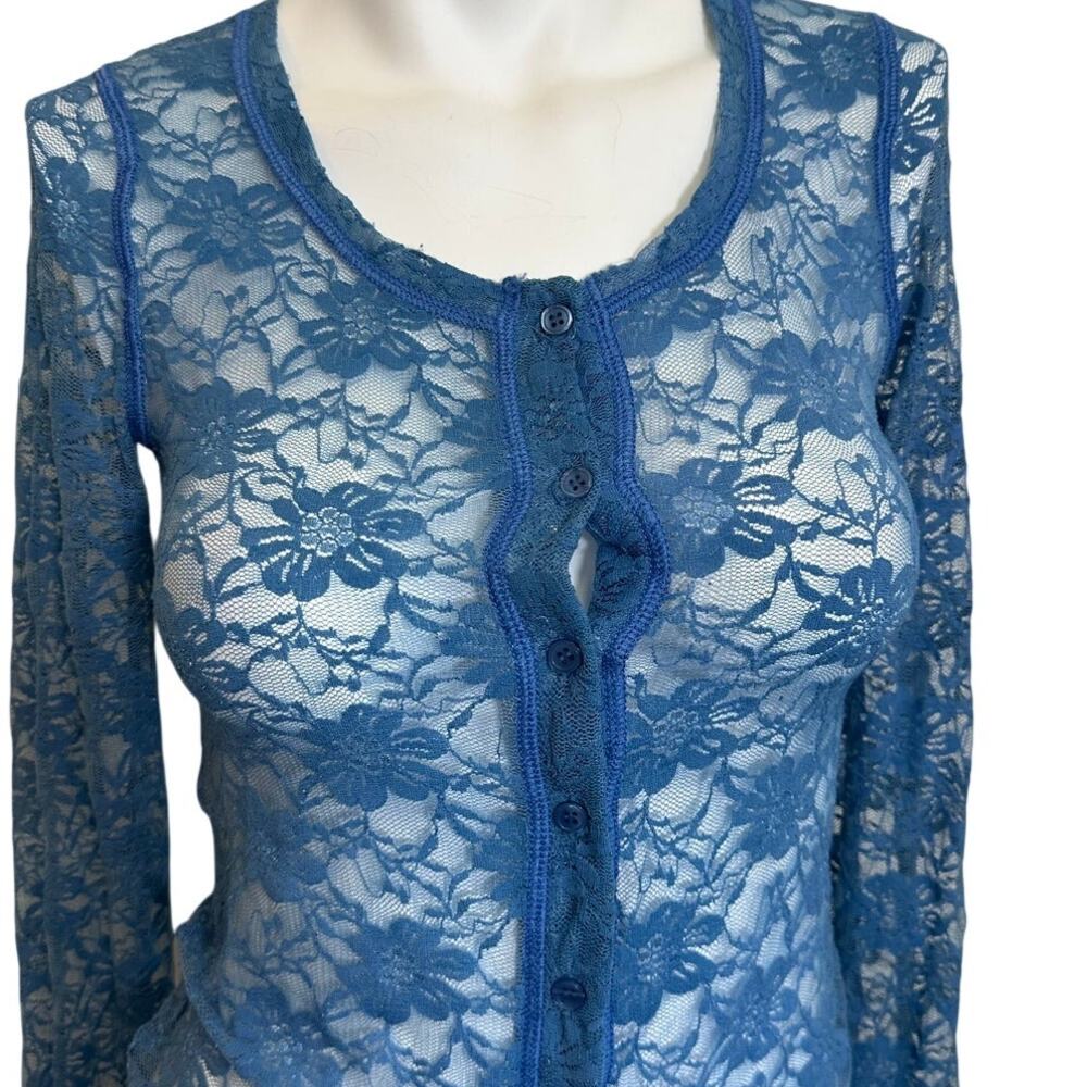 Theodore Beverly Hills Blue Floral Lace Sheer Button Front Top XS Y2K USA - Picture 3 of 11